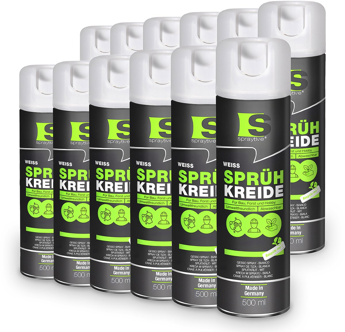 Spraytive 12x 500ml spuitkrijt wit markeerspray afwasbaar krijtspray voor tijdelijk markeren op asfalt gras en beton hoge dekking