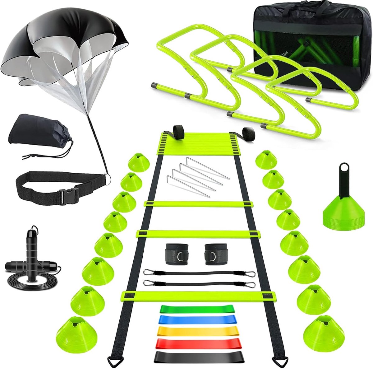 Behendigheidstrainingsset - Sport Trainingsmateriaal - Verbeter Snelheid Coördinatie - Compleet Trainingspakket - 20 Meter Ladder - Groen