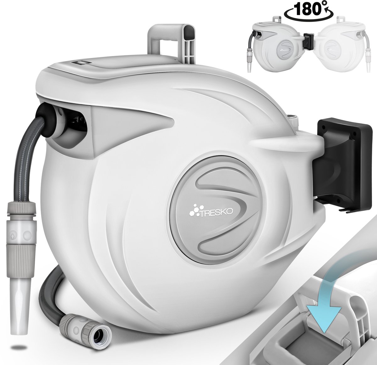 TRESKO® Polypropyleen Slanghaspel 30+2m Slangoproller Water | met Handdouche | 180° Zwenkbaar | Tuinslang | Automatisch | incl. Wandbevestiging en Montagemateriaal