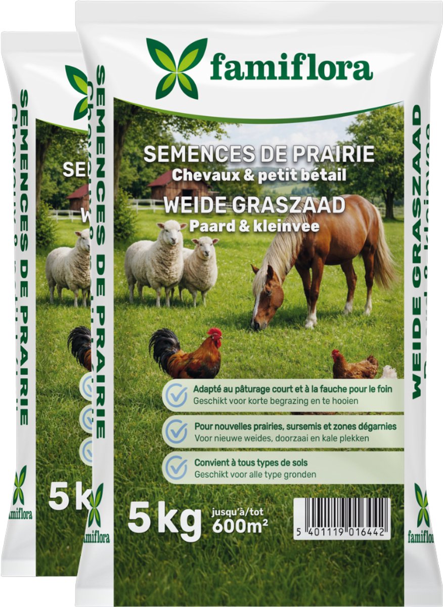 Famiflora graszaad 10kg tot 1200m² (2 x 5KG) - Weide Graszaad - Voor paard & kleinvee - Geschikt voor een weide tot 600m² - Voor paard & kleinvee - Voedzaam & smakelijk