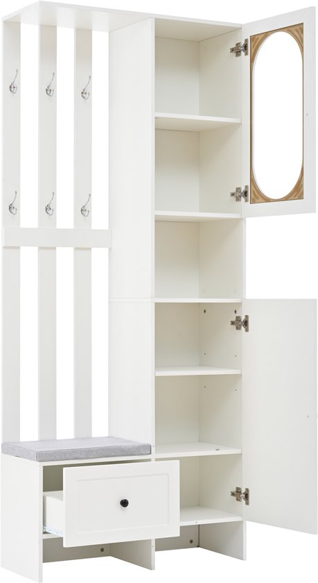 Wit meubel met haken, spiegeldeur, zitbankje en open vakken. Van opzij gezien.