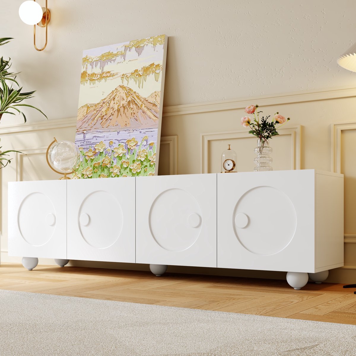MODENUIT Tv-Meubel - 3D Reliëfdeuren met Gesloten Opbergruimte - Voor Woonkamer - Wit - 18