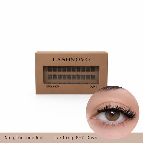 Doos met Lashnovo Press-On Dune wimpers en close-up van een oog met deze wimpers aangebracht.
