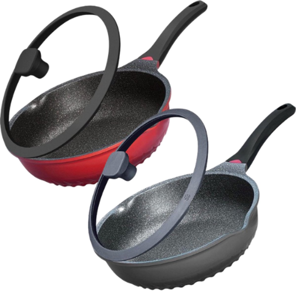 Hakal - 3-in-1 Wokpan - Hapjespan - Set van 2 - Koekenpan met Deksel - Antiaanbaklaag - Inductie - Ø28 cm - Rood en Grijs