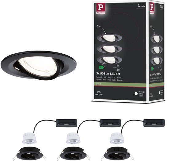 LED-inbouwlamp Nova Coin Set van 3 rond 84 mm 50° 3x2,8W 3x505lm 230V 4000K Zwart mat