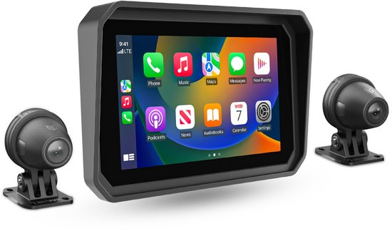 Zwart touchscreen met Apple Carplay-menu, geflankeerd door twee kleine zwarte camera's.
