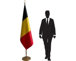 Belgische vlag met standaard en mast RVS – goudkleurige afwerking – zware vloerstandaard Ø 360 mm (3 kg) – speerpunt (lance) – telescopische mast tot 2,5 m – 100x150 cm dubbelzijdig bedrukt – premium vlag voor kantoor en instellingen
