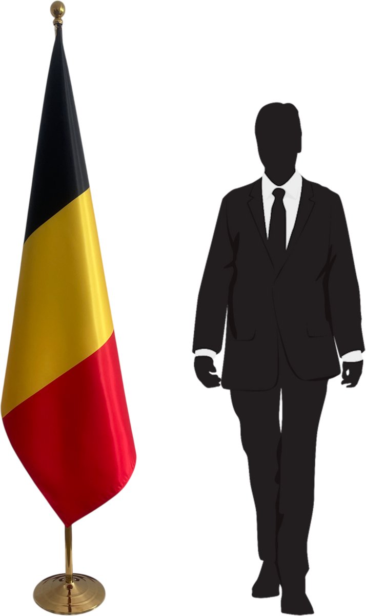 Belgische vlag met standaard en mast RVS – goudkleurige afwerking – telescopische mast tot 2,5 m – 100x150 cm dubbelzijdig bedrukt – luxe kantoor vlag voor binnengebruik