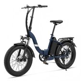 Donkerblauwe opvouwbare e-bike met dikke banden, bagagedrager en zij-reflecterende strip.