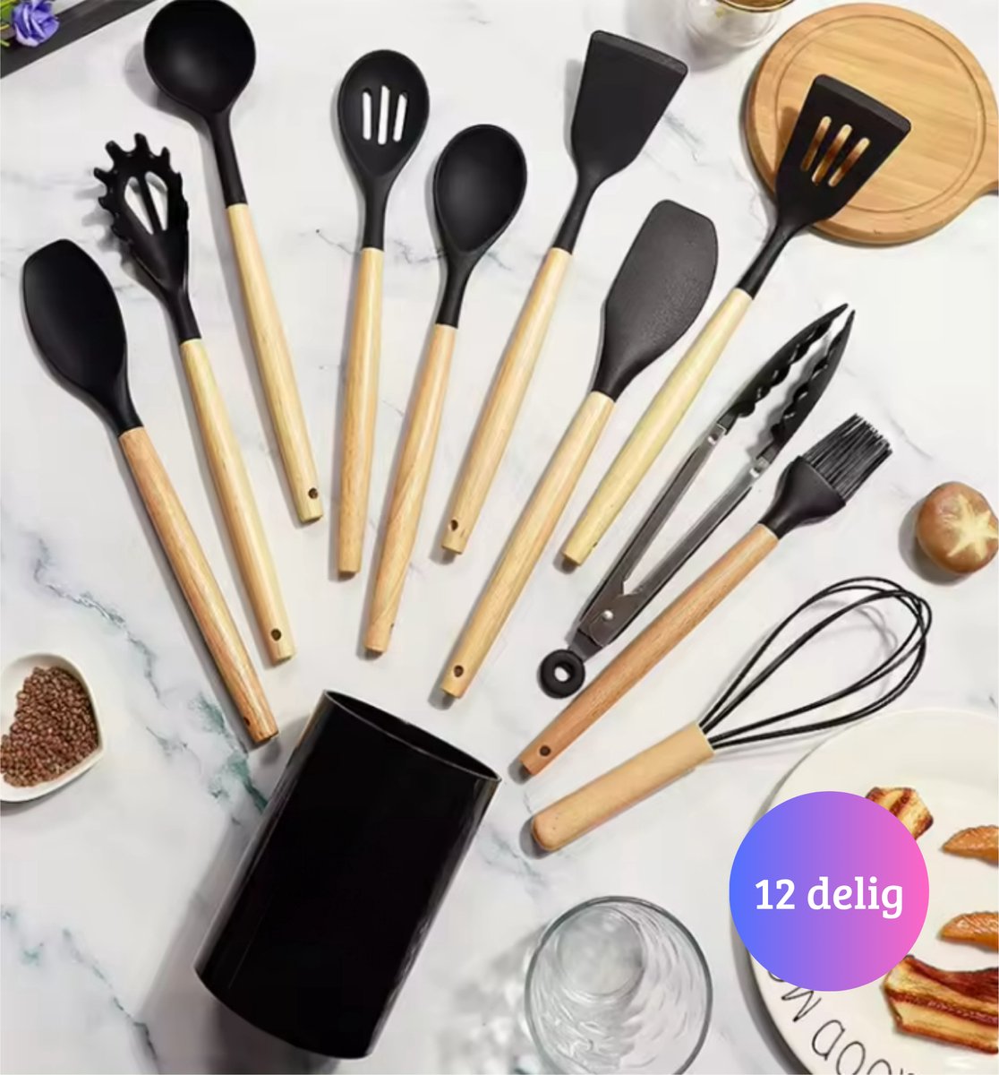 Janse® Siliconen keukengerei set 12 delig zwart - Kookgerei - Spatel - Tang - Opscheplepel - Garde - Keukenset met houder