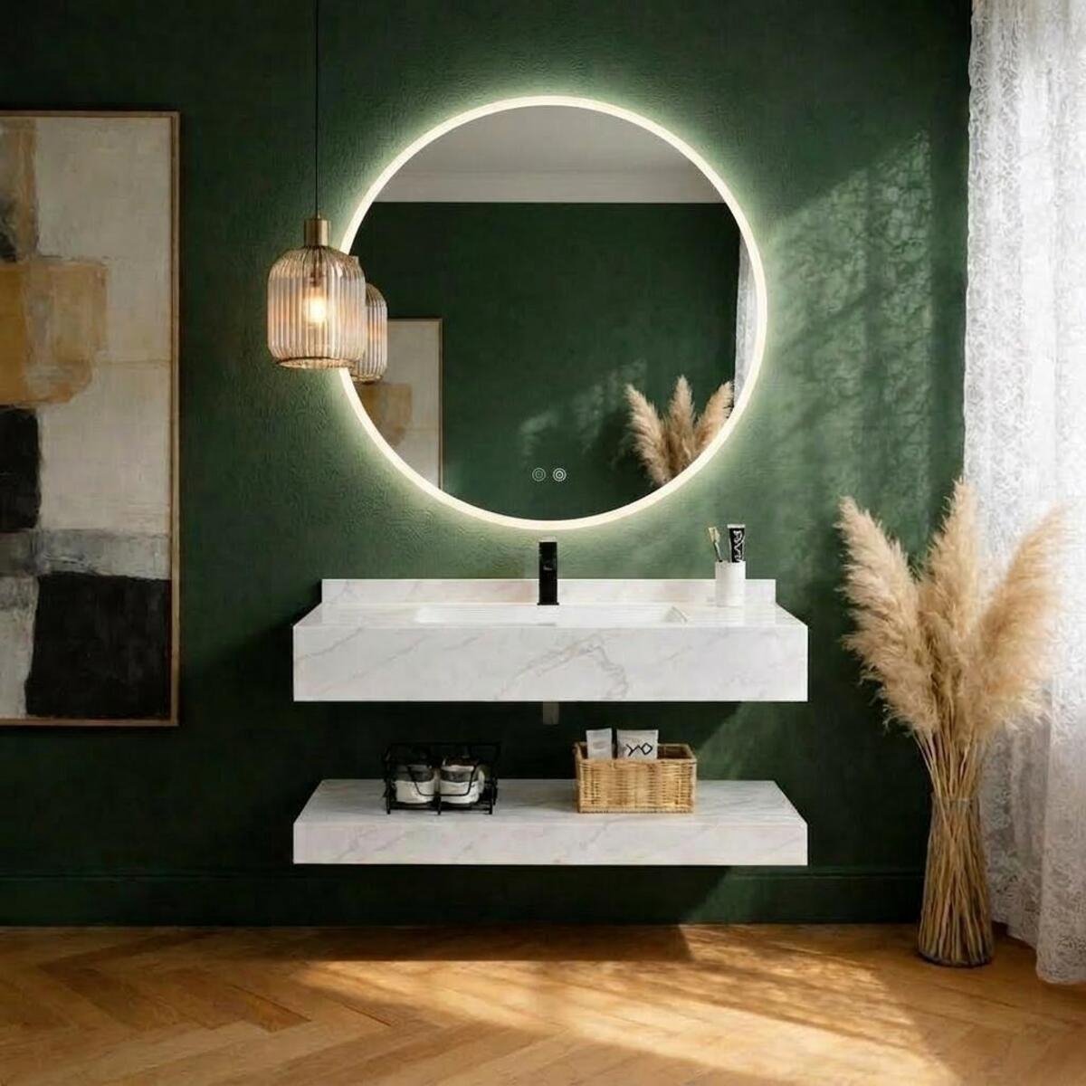 EXELVIA LUMORA Badkamermeubel Set 100 cm – Met LED Spiegel 100 cm – Dimbaar 3 Lichtstanden – Anti-Condens – Wandmontage – Met Onderplank – Wit Marmerlook – Exclusief Kraan en Sifon en wastafelplug