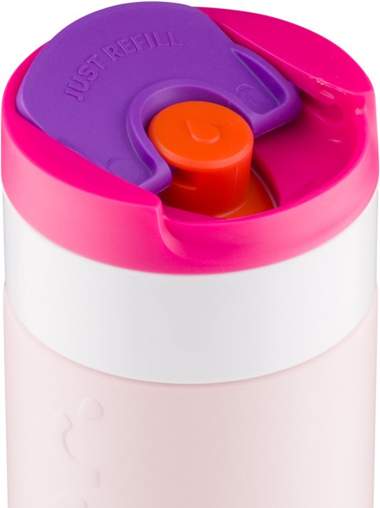 Detail van de dop van een lichtroze Dopper beker, met paars, fuchsia, oranje en rood.
