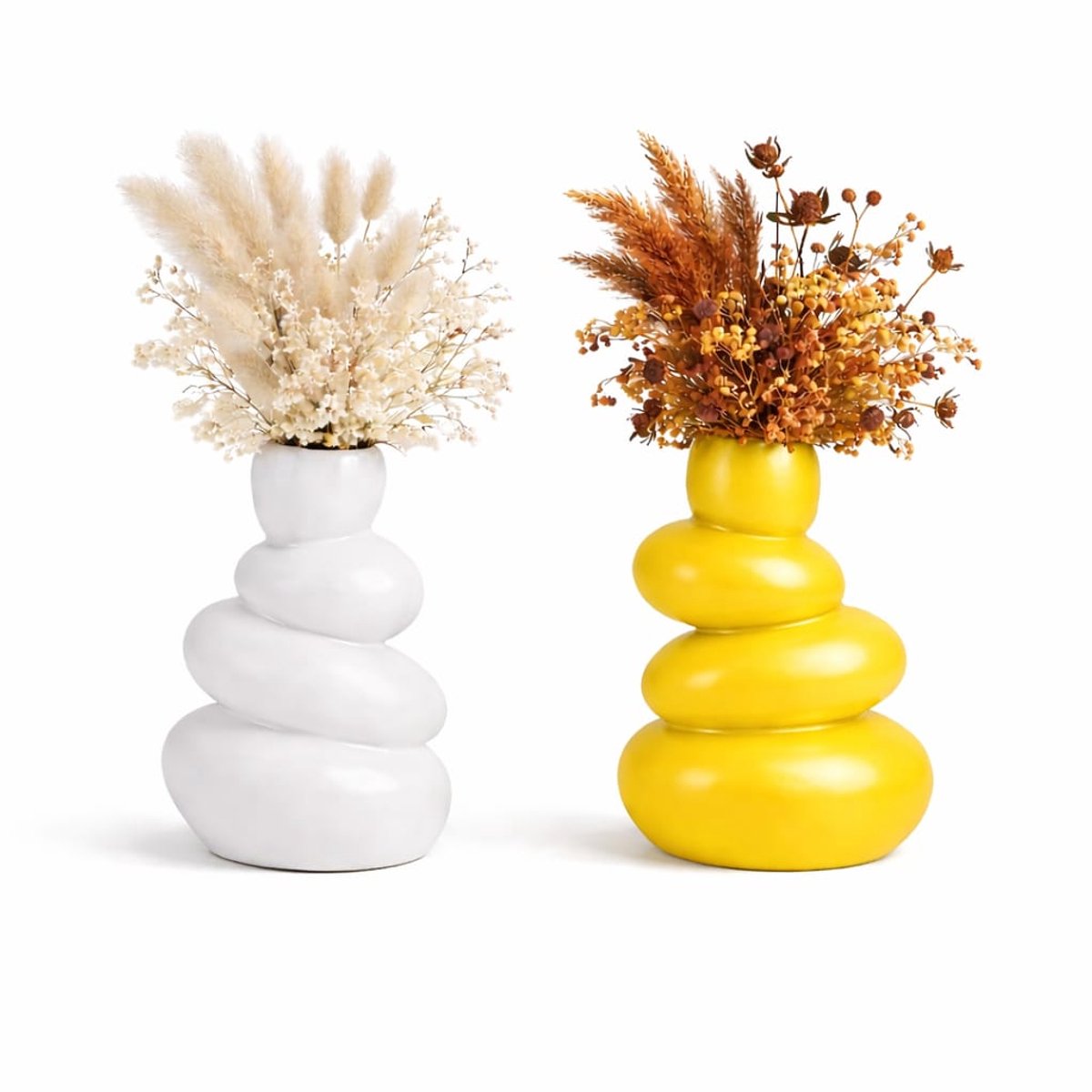 QORVANE Home - 2-delige abstracte vaas set - wit en geel - sculpturale siervazen voor moderne woondecoratie