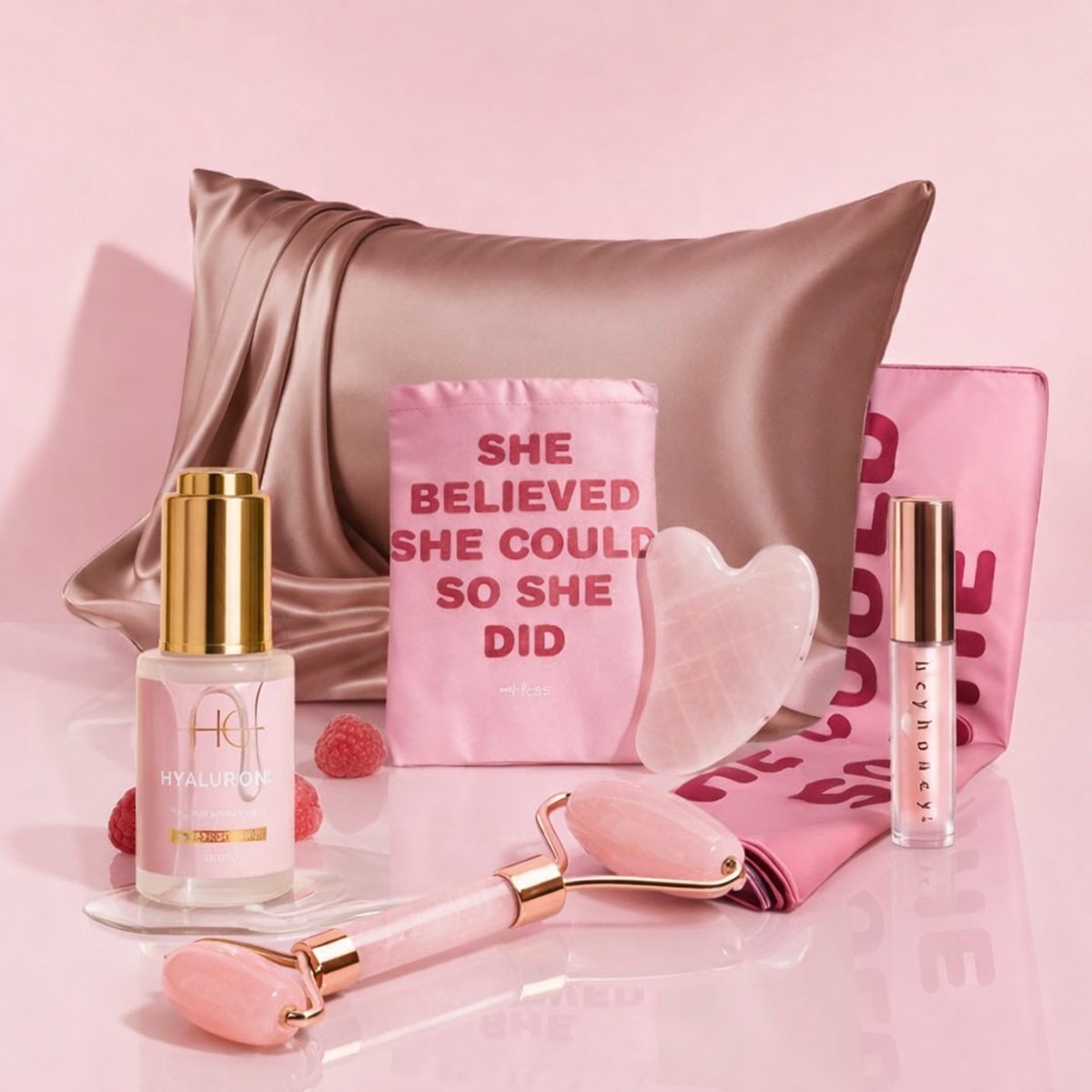 HG Aesthetics Roze Zelfzorg Bundel – Hyaluronzuur Serum, Rozen Guasha, Satijnen Kussenslopen, Roze Handdoek en Voedende Lipolie – Complete Beauty Set