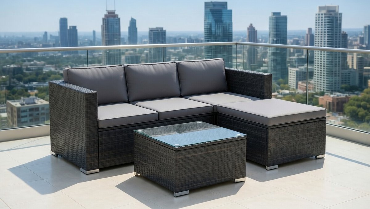 Loungeset tuin 4-delig met hoekbank, hocker en glazen tafel 3-zits – 200 x 140 x 65 cm – zwart grijs rotan balkonset modern weerbestendig – NoviHome