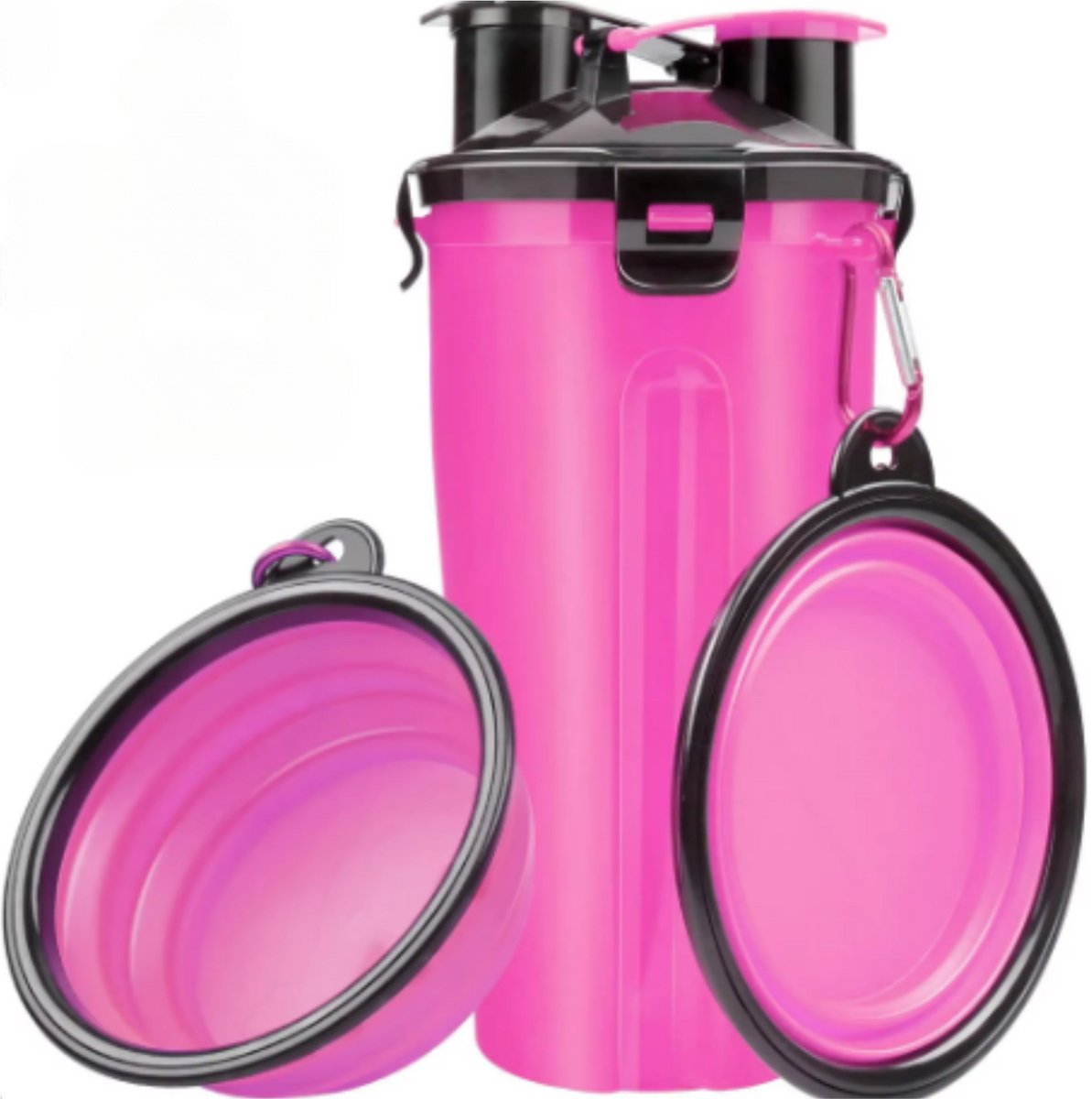 Janse® Voer en waterfles voor honden roze - Drinkfles voor honden - Dieren bidon voor in je rugzak - Voedselcontainer voor in de auto - Inclusief opvouwbare voerbak - Blauwe drinkbak voor brokjes - Waterbak - Drinkbak