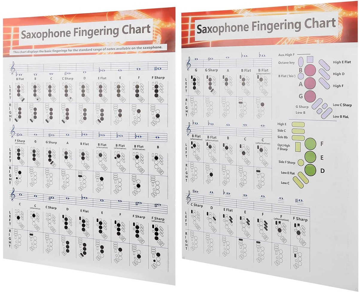 Allecto - Saxophone Fingering Tabel - Sax beginner gids - Handige oefeningen voor beginners - A4 formaat - Muzieknotatie - Informatie over vingerze...
