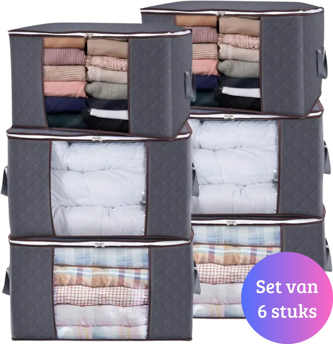 Janse® Dekbed organizer XL set van 6 - Grijs - Kleding organizers - Opbergzak - Opslagtas - Opslagbox - Flexibele opberger - Kast organizer - Opbergtas met rits en handvatten - Beschermhoes voor kleding - Opbergzakken