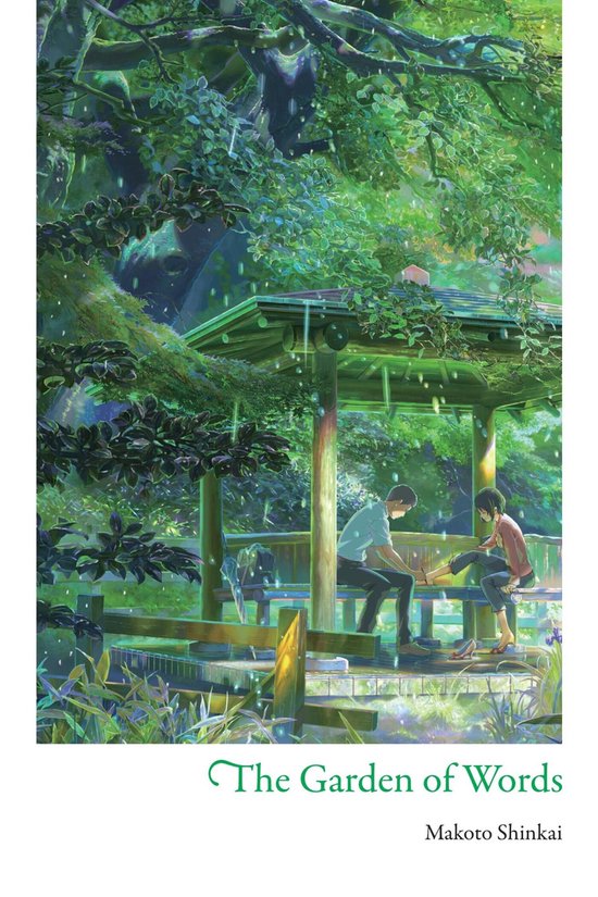 Een jongen en meisje zitten in een Japanse tuin onder een overdekt paviljoen, regen valt. Tekst: The Garden of Words, Makoto Shinkai.