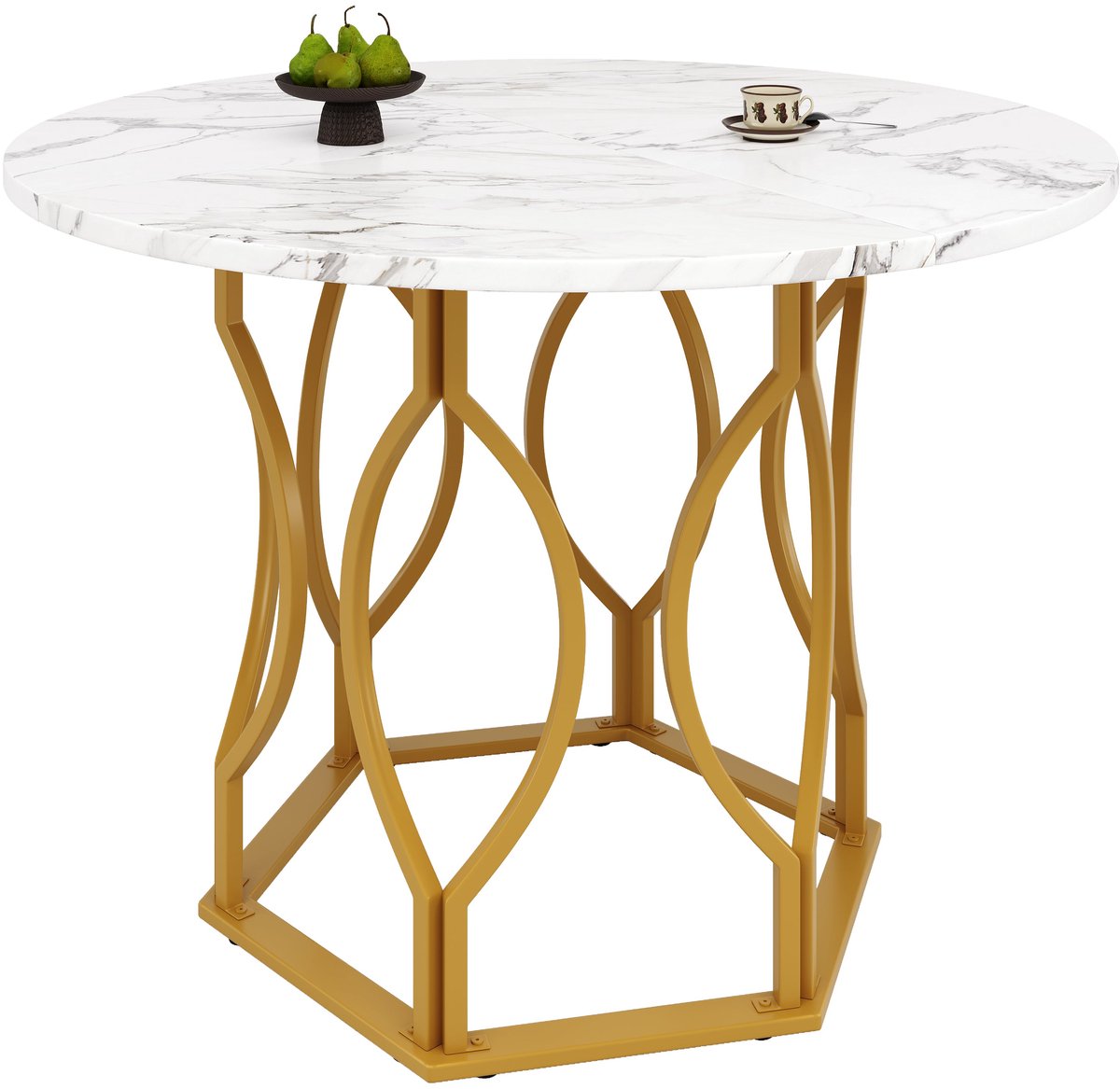 Merax Ronde Eettafel Ø100 cm Marmer Look – Luxe Eettafel met Gouden Metalen Poten – Keukentafel voor 4 Personen