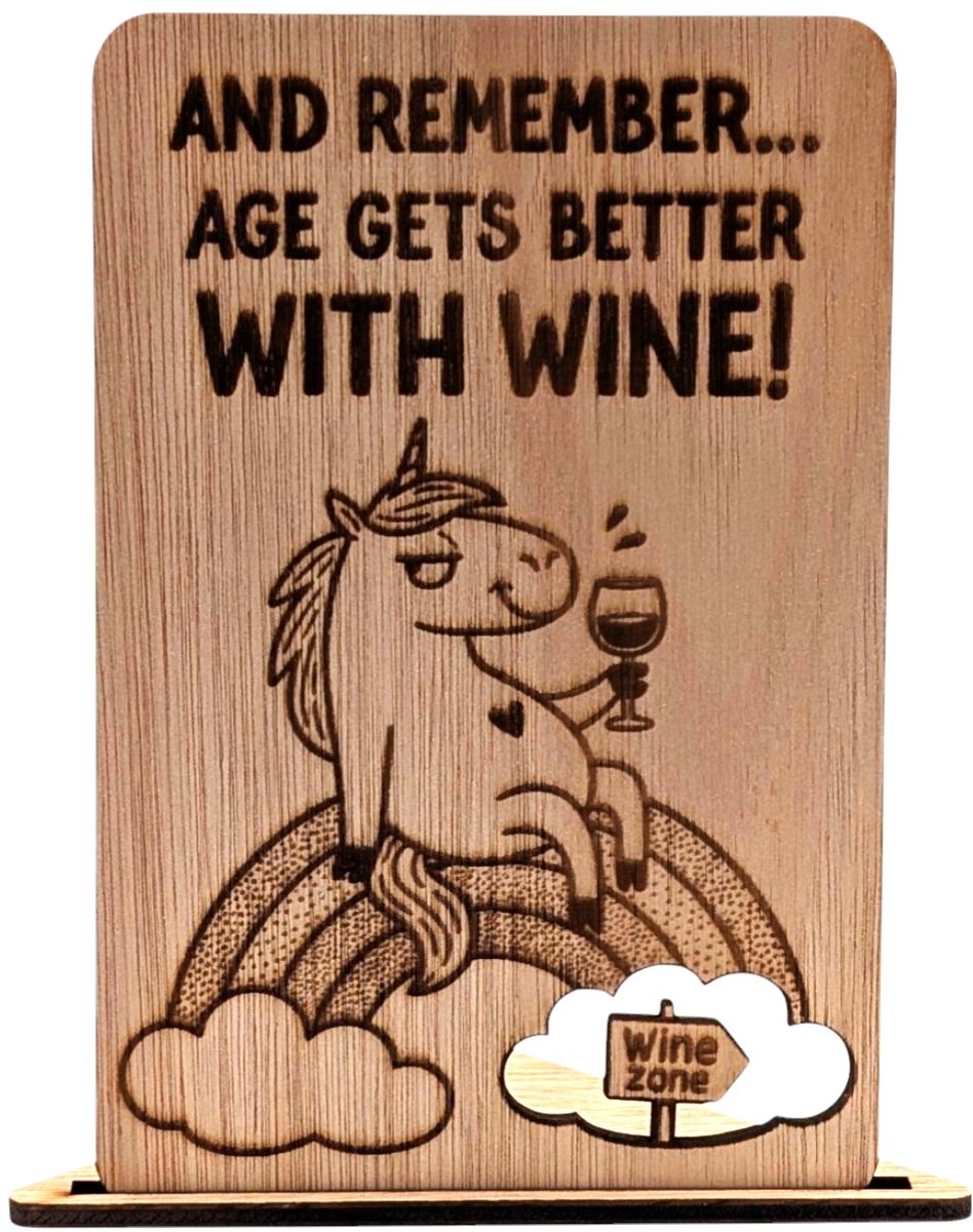 Vilewoods Houten Verjaardagskaart Humor – Wijn & Eenhoorn Design – Inclusief Envelop – Handgemaakt