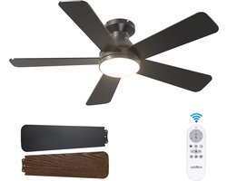 Plafondventilator 5 blad Ø105cm zwart - stille ventilator – memory - 2 kleuren bladen - top kwaliteit - energie zuinig – met remote - ventilator voor laag plafond - 6 snelheden – beste alternatief voor airco - zomer en winter stand