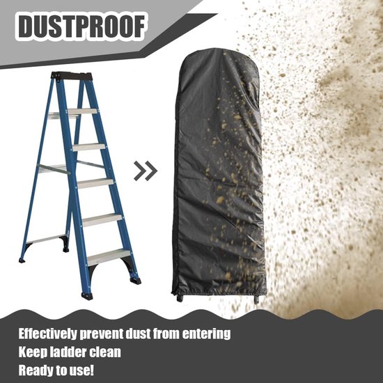 Zwarte, stoffen ladderhoes, links een blauwe trap, rechts de hoes met stof.