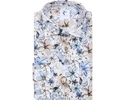 R2 Overhemd Linnen Blend Flowers Blauw Beige - Maat S - Heren