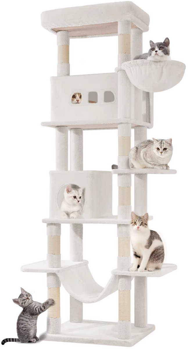 Multi level Cat Tower - Krabpaal Katten 210 cm – Grote Kattenboom met 8 Krabpalen – Multi-level Kattentoren met Slaapplaatsen en Pompons – Voor Binnenkatten