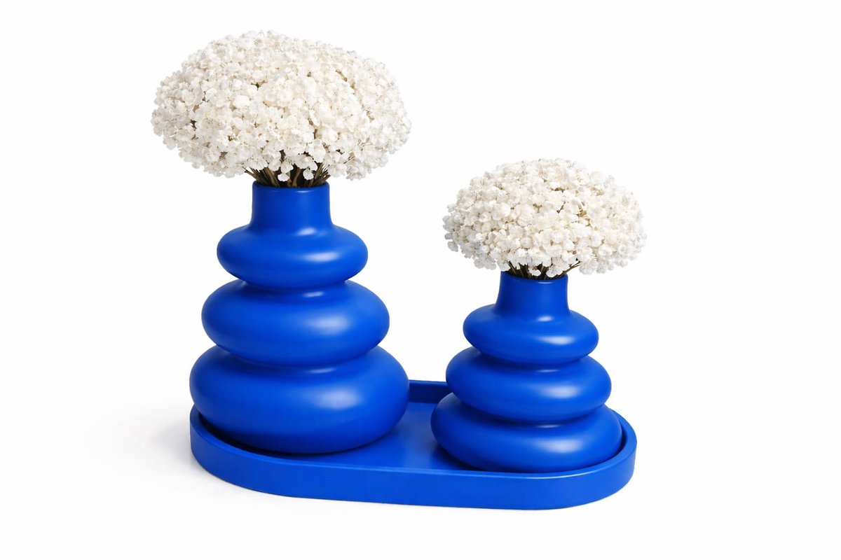 QORVANE Home - 3-delige blauwe vaas set met tray - decoratieve siervazen voor moderne woondecoratie
