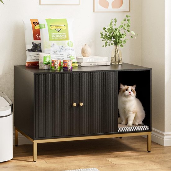 Kattenkast Kattenbakkast Luxe Design en Geurvrij Interieur Meubel - met Grote Binnenruimte Comfortabel en Hygiënisch Gebruik | Incl. Krabmat en Opbergruimte Stevig Design Zwart