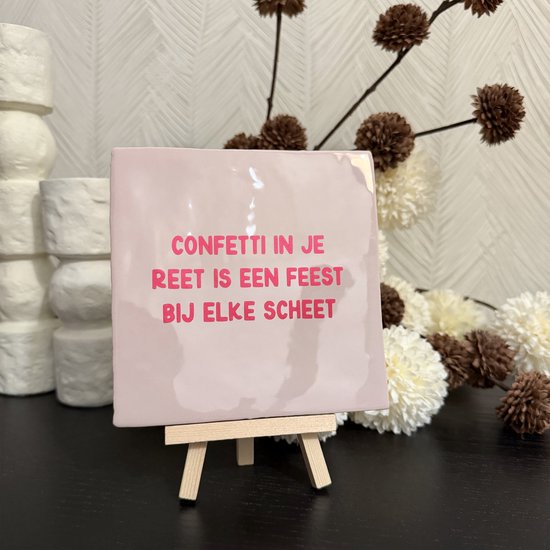 Hartjespost | Tegeltje Confetti in je reet is een feest bij elke scheet zalm roze, roze | tegeltjes met tekst | spreuktegel | tegeltjeswijsheden | Hippe Spreuktegel | Housewarming cadeau | Verjaardagscadeau | Birthday | BDay | brievenbuscadeau |13x13