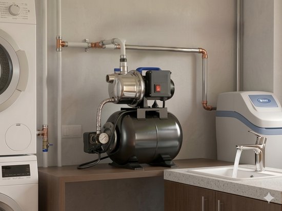 Een zwarte en zilverkleurige waterpomp met blauwe handvatten, naast een wasmachine en spoelbak in een bijkeuken.