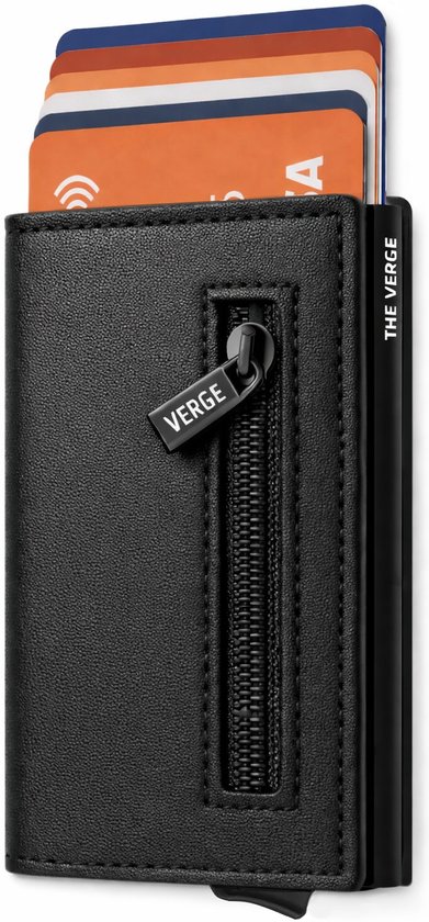 The Verge® Premium - Pasjeshouder Uitschuifbaar Met Rits - Kaarthouder - Pasjeshouder Mannen & Vrouwen - RFID Creditcardhouder - Pashouder - 8 - 12 pasjes - Zwart Leer Met Rits & Magneetsluiting - Incl. Luxe Cadeauverpakking