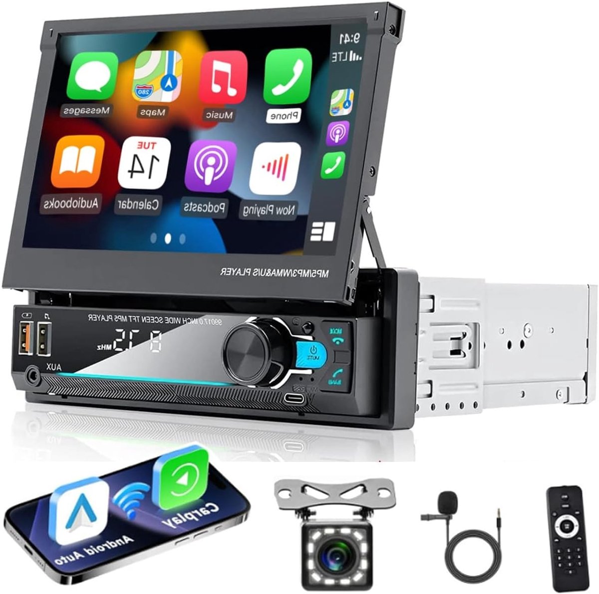 1-DIN Autoradio – Carplay Radio – Android Auto Ontvanger – Touchscreen Stereo – Bluetooth Auto Radio – 7 Inch Handmatig Uitschuifbaar – Achteruitrijcamera met Nachtzicht