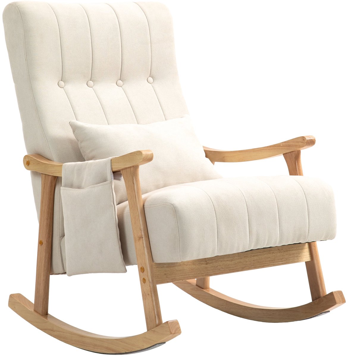 Merax Schommelstoel Beige – Comfortabele Relaxstoel Met Lendenkussen En Opbergvak - Houten Frame En Zachte Bekleding – Moderne Fauteuil Voor Woonkamer