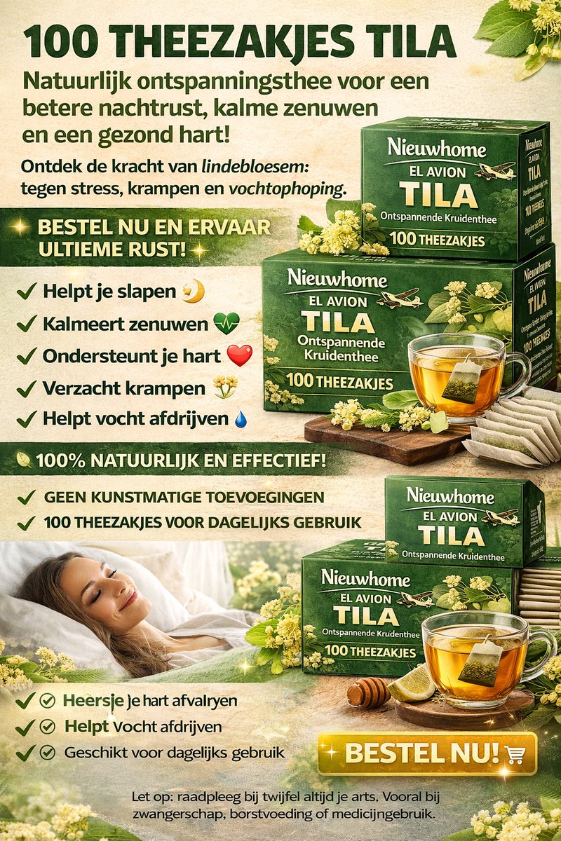 100 THEEZAKJES TILA LINDEBLOESEM NATUURLIJK ONTSPANNINGSTHEE VOOR EEN BETERE NACHTRUST, KALME ZENUWEN EN EEN GEZOND HART! ONTDEK DE KRACHT VAN LINDEBLOESEM: TEGEN STRESS, KRAMPEN EN VOCHTOPHOPING. BESTEL NU EN ERVAAR ULTIEME RUST!