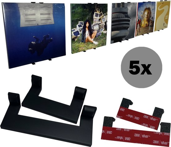 Vijf zwarte LP-houders met 3M VHB tape en twee verschillende formaten houders.
