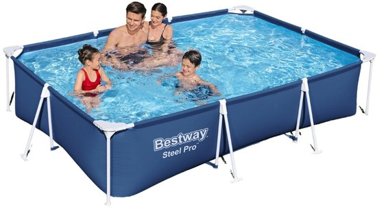 Familie geniet van blauw rechthoekig Bestway Steel Pro zwembad.