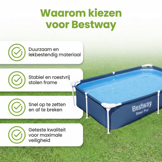 Blauw rechthoekig Bestway Steel Pro zwembad met informatie over duurzaamheid, stabiliteit en montage.