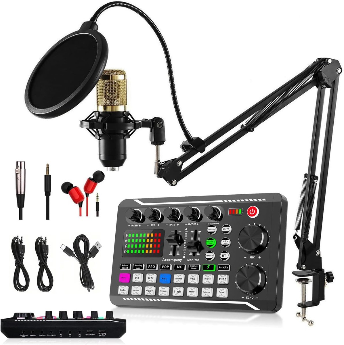 Podcast Microfoonbundel - Opname Set - Studio Opname - Rijke Mixfuncties - 41x23x7.3cm - Goud
