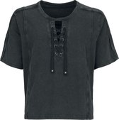 Zwart, gewassen T-shirt met korte mouwen, V-hals met veterdetail.