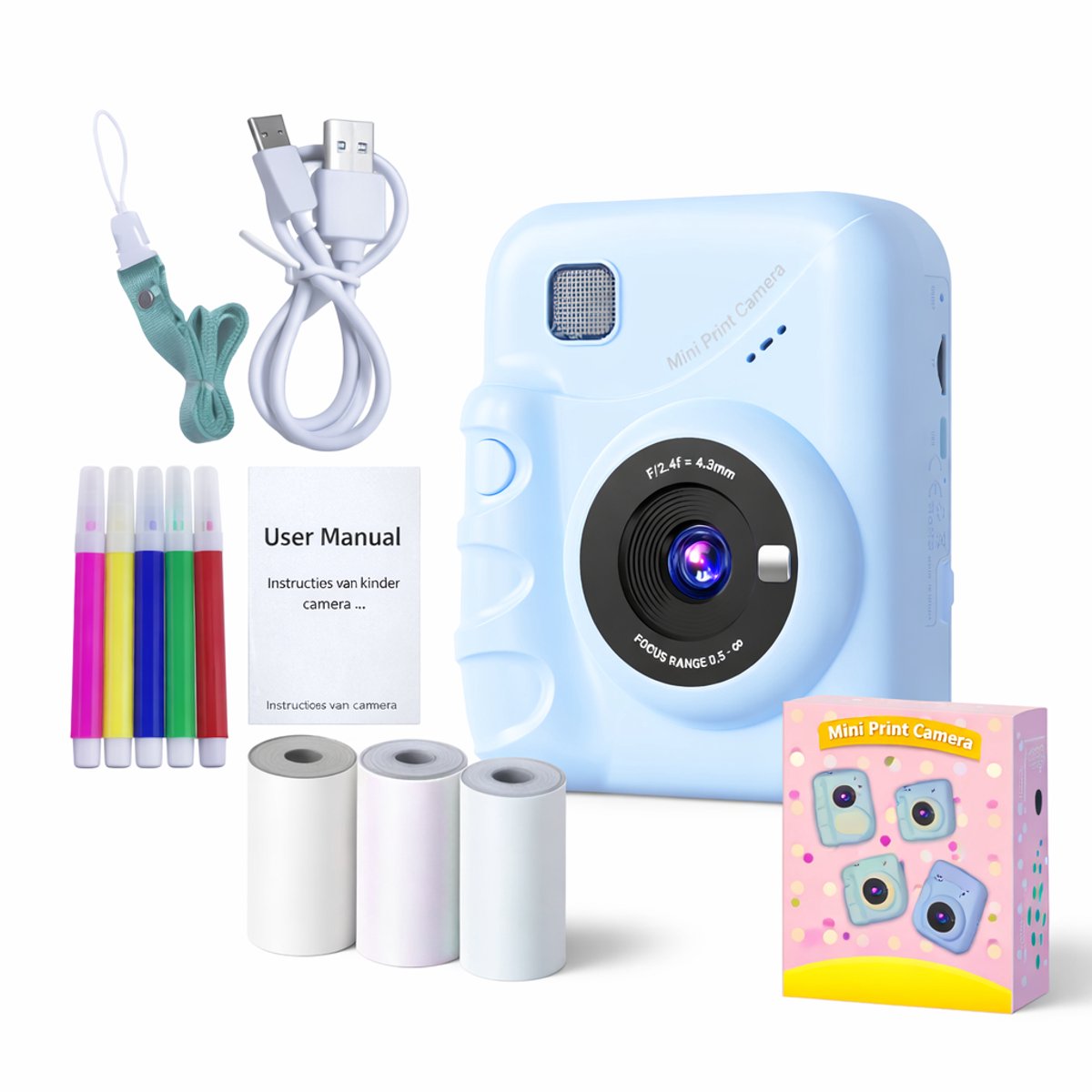 Kinder Print Camera Blauw – Instant Foto Camera met Printer, Video & MP3 – 3.0 Inch Scherm – Speelgoed Camera voor Kinderen