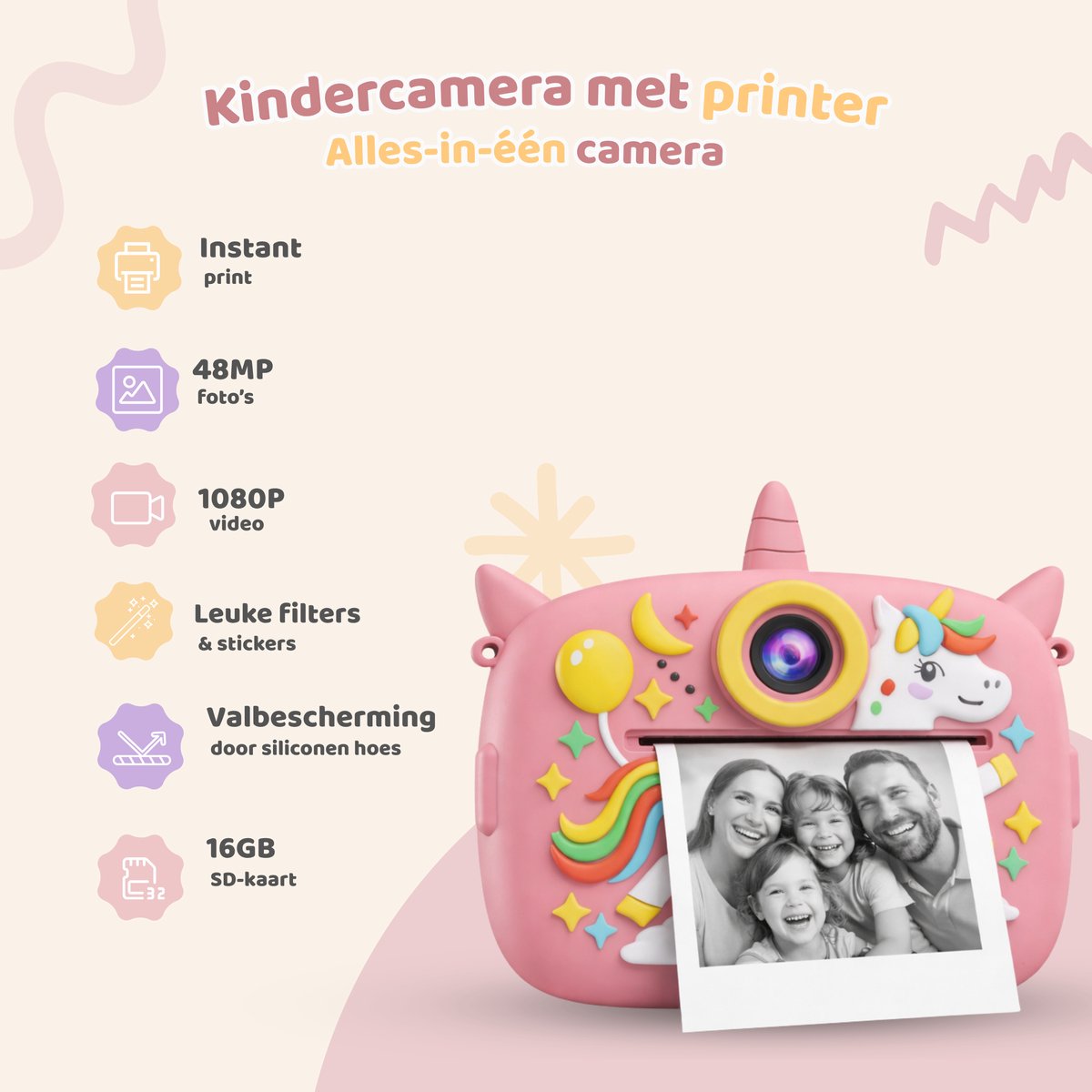 Peblo Digitale Kindercamera Met Foto Printer - Fototoestel Voor Kinderen - Speelgoedcamera - Selfie Camera - Kinder Fotocamera Instant Print- Speelgoed Video Camera Kind - Vlogcamera Kids - SD Kaart 16GB - Unicorn Roze — afbeelding 7