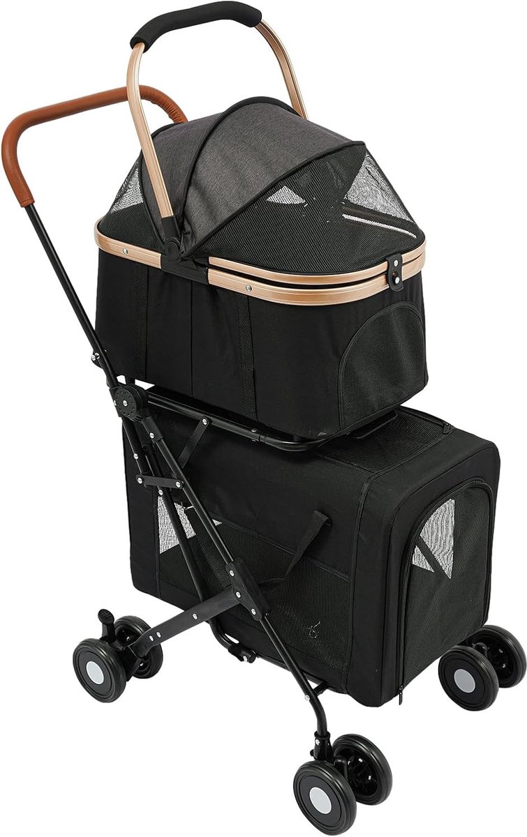 Huisdierwagen Twee Verdiepingen - Dubbele Hondenbuggy - Comfortabel Vervoer - Inklapbaar Lichtgewicht Frame - Tot 35 kg - Zwart