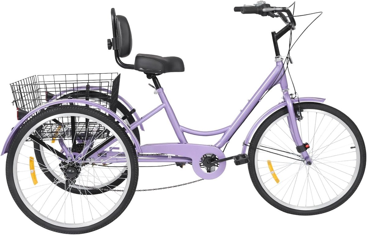 Driewieler voor volwassenen - Driewiel - Winkelen en uitjes - 7 versnellingen instelbaar - 24 inch 120 kg - Paars
