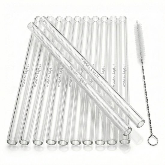 12 Pailles en Verre Courtes & Épaisses (16 cm x 10 mm) – Pailles pour Smoothie & Cocktail – Avec Brosse de Nettoyage – Réutilisables, Résistantes au Lave-Vaisselle – Verre Borosilicaté – Sans Plastique