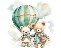 Muursticker babykamer - Kinderkamer decoratie - Babykamer inrichten - Luchtballon met beren - 41x40cm - Turquoise