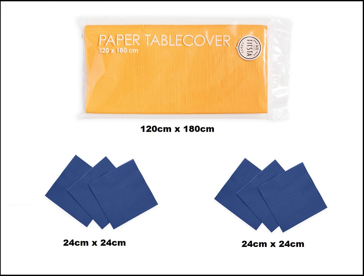 1x Tafelkleed papier geel 120cm x 180cm + 40x Cocktail servetten blauw 24cm x 24cm 3 laags
