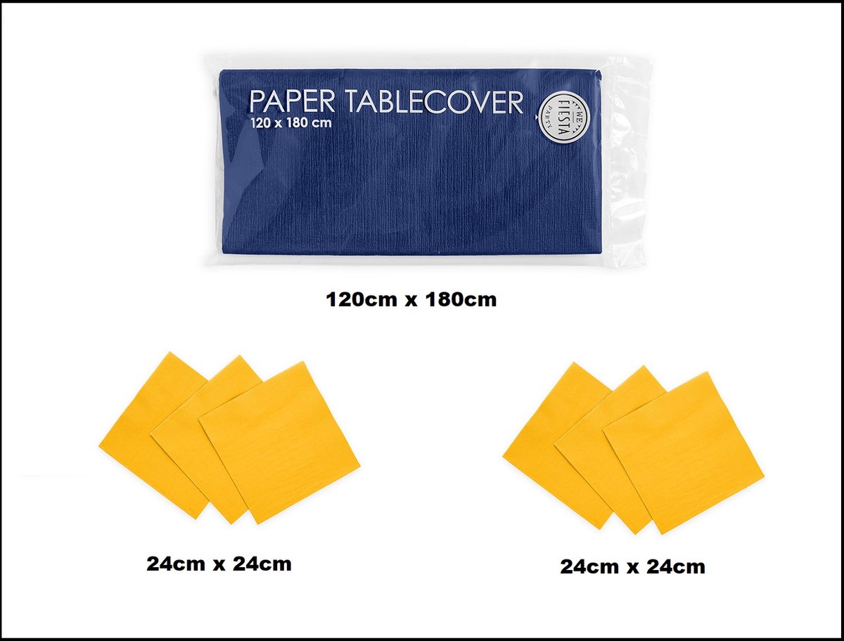 1x Tafelkleed papier blauw 120cm x 180cm + 40x Cocktail servetten geel 24cm x 24cm 3 laags